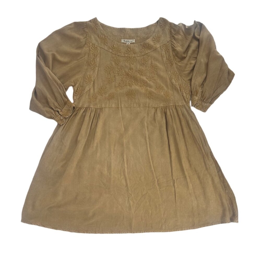 Solitaire Boho Embroidered Babydoll Dress Caramel Olive Medium - Picture 3 of 6